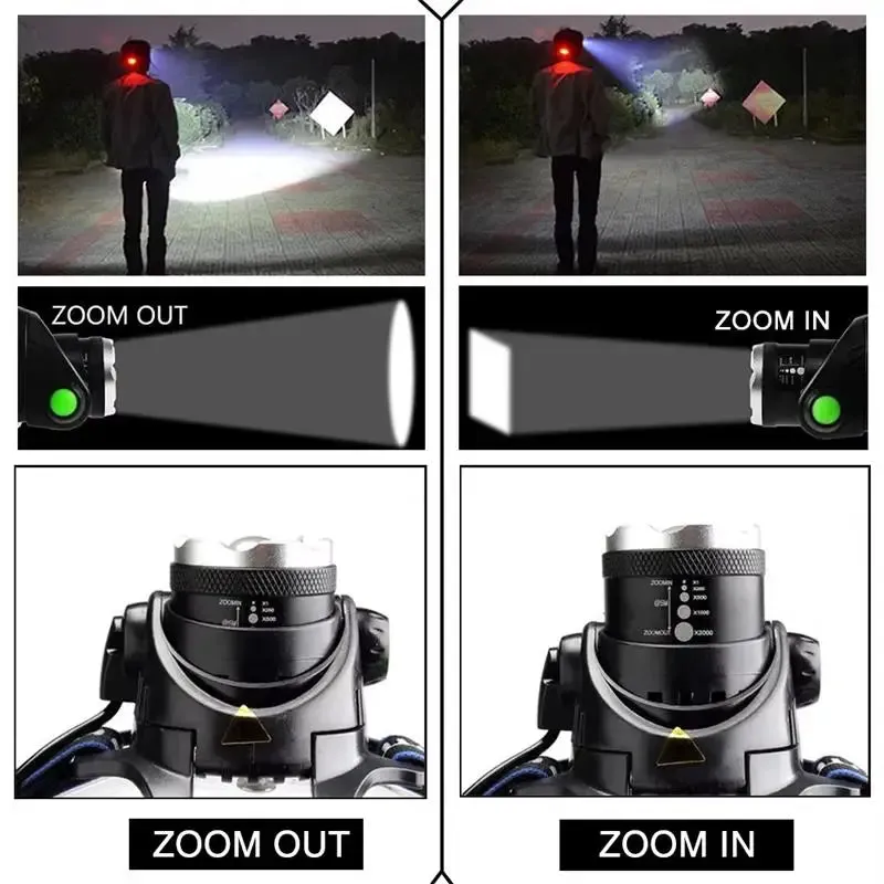 Rechargeable LED Headlamp – Super Bright, Zoomable Fishing & Camping Headlight, Telescopic Zoom