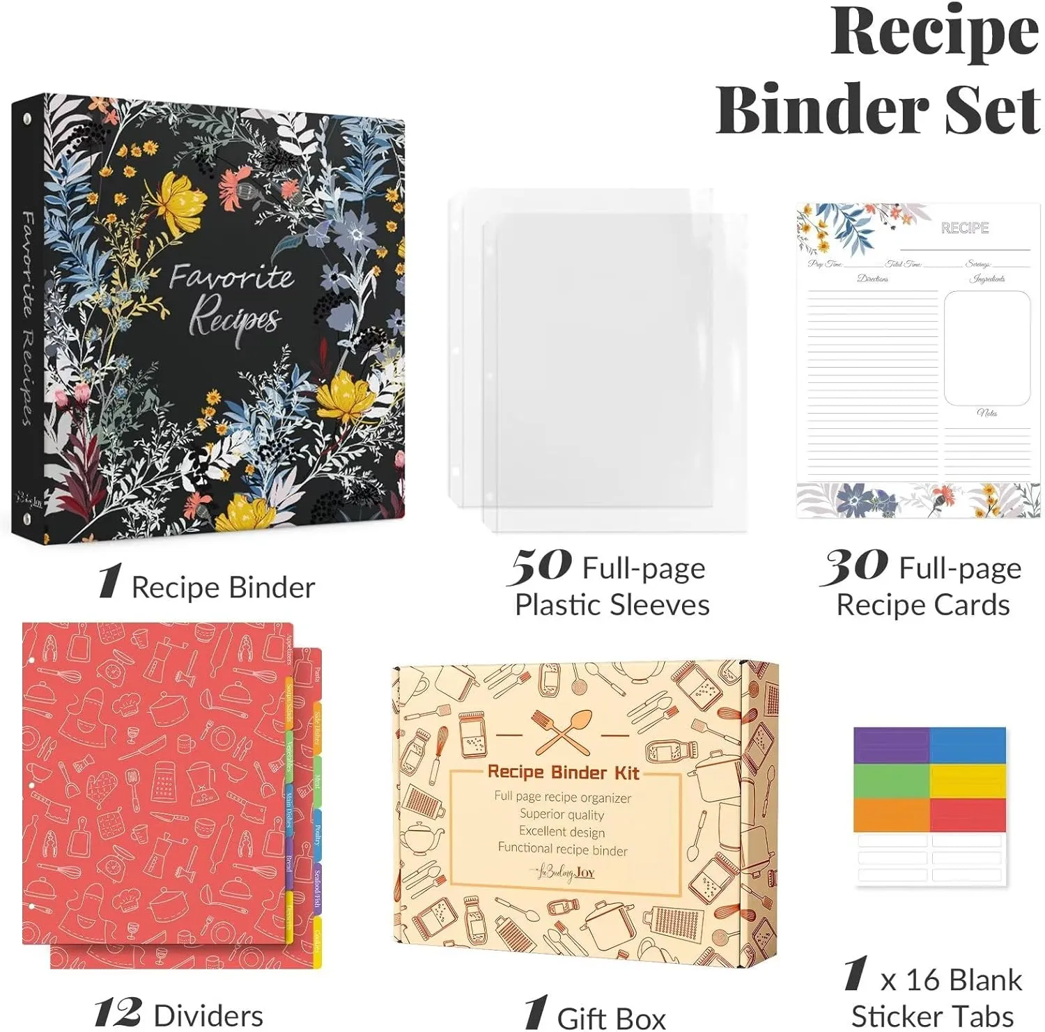 Recipe Binder with Plastic Sleeves, Full Page Cards and Dividers, Recipe Binder 8.5x11 3 Ring, Blank Recipe Book Binder to Write in Your Own Recipes (Blossom)