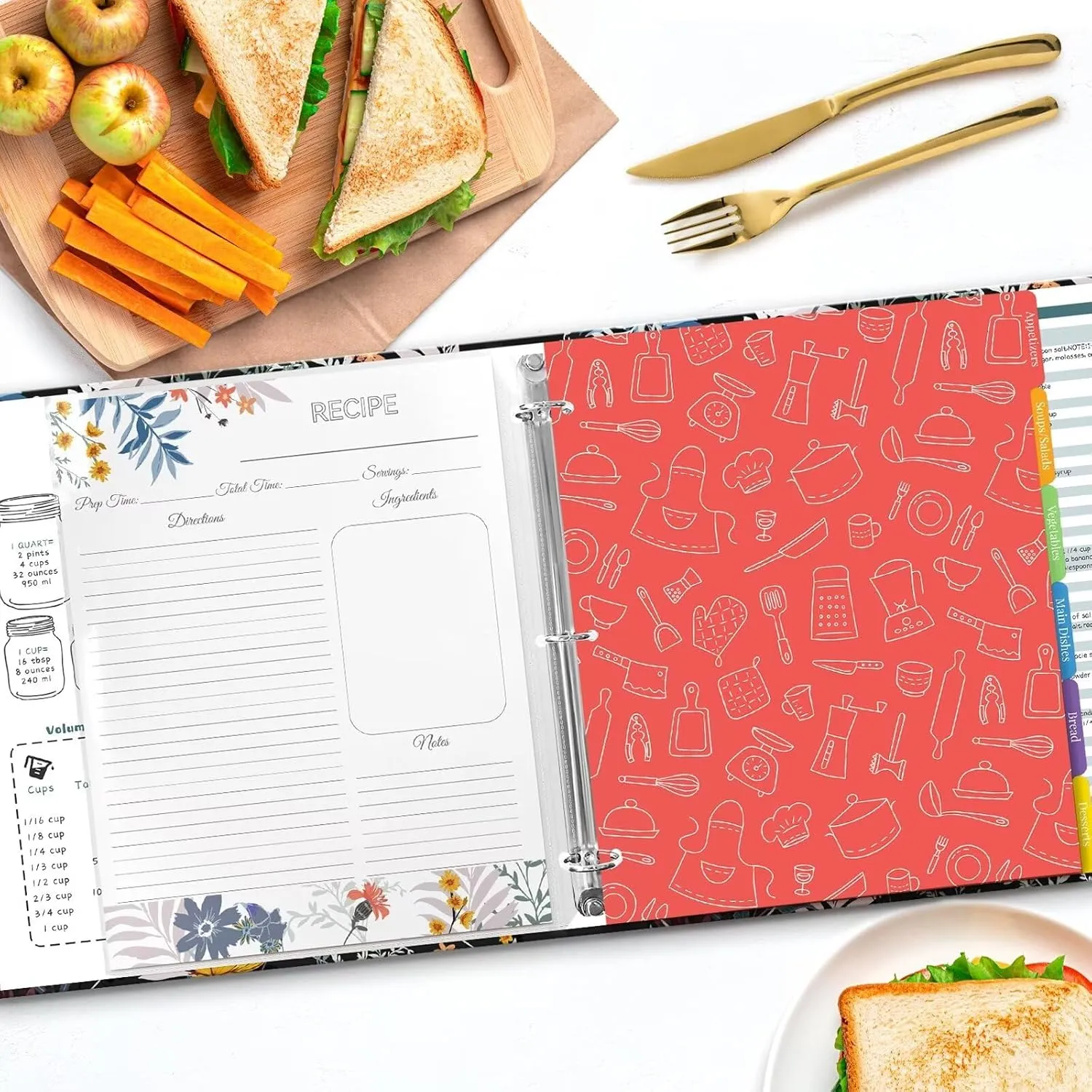 Recipe Binder with Plastic Sleeves, Full Page Cards and Dividers, Recipe Binder 8.5x11 3 Ring, Blank Recipe Book Binder to Write in Your Own Recipes (Blossom)