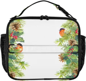 Red Finch Bird Lunch Box Fir Tree Holly Berries Meal Tote Kids Lunch Bag Insulated Reusable Cooler Soft Shoulder Bag Mini Cooling Back to School