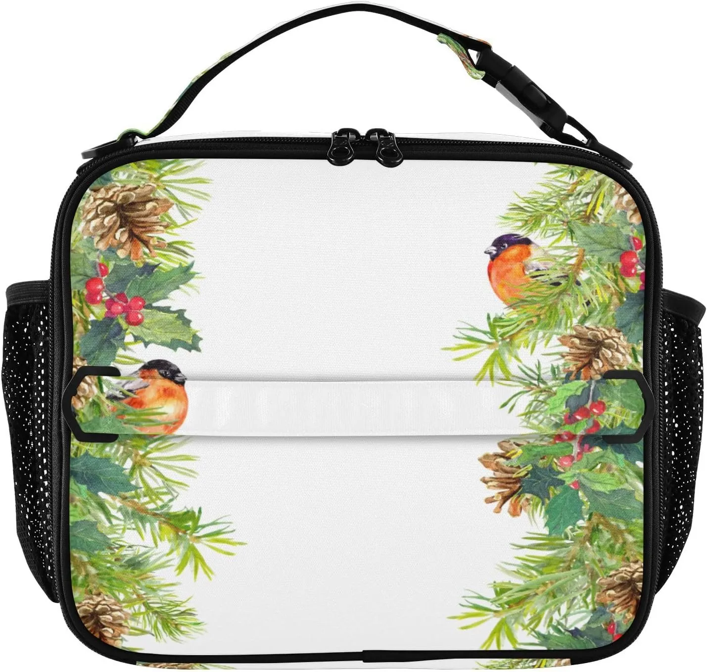 Red Finch Bird Lunch Box Fir Tree Holly Berries Meal Tote Kids Lunch Bag Insulated Reusable Cooler Soft Shoulder Bag Mini Cooling Back to School