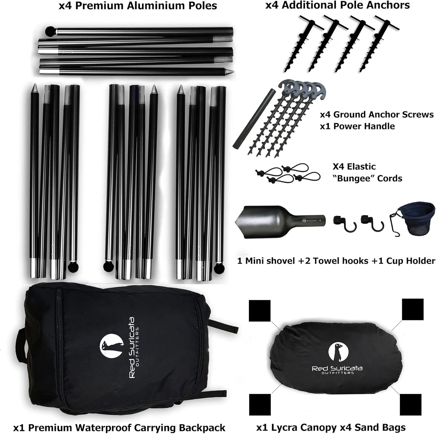 Red Suricata Premium Multi-Terrain Beach Tent & Beach Canopy in Backpack, UPF50 Sun Beach Shade, Pop Up Camping & Picnic Sunshade with 4 Poles, 4 Pole Anchors & 4 Tent Screws, Sun Shelter (Lrg Black)