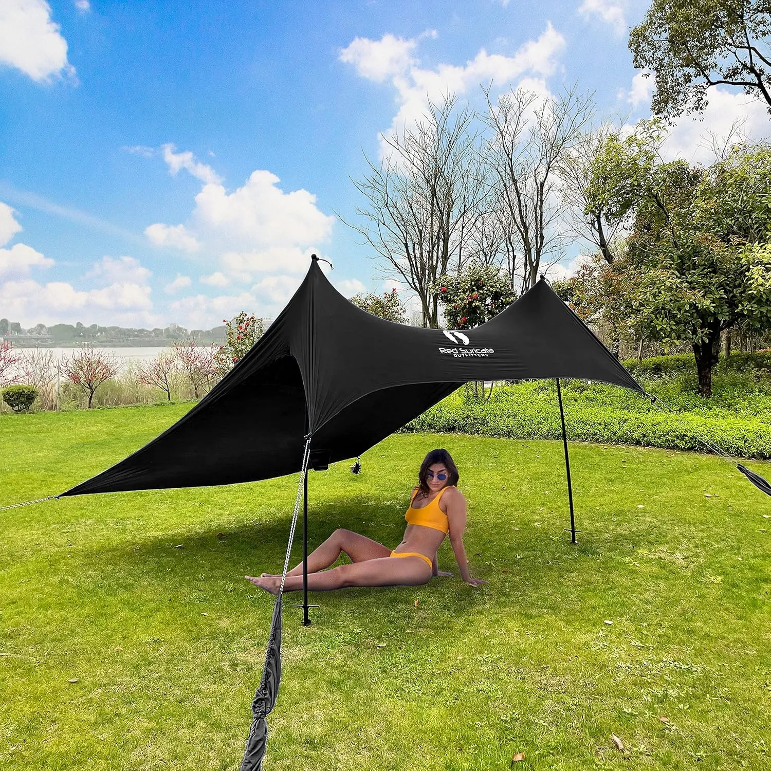 Red Suricata Premium Multi-Terrain Beach Tent & Beach Canopy in Backpack, UPF50 Sun Beach Shade, Pop Up Camping & Picnic Sunshade with 4 Poles, 4 Pole Anchors & 4 Tent Screws, Sun Shelter (Lrg Black)