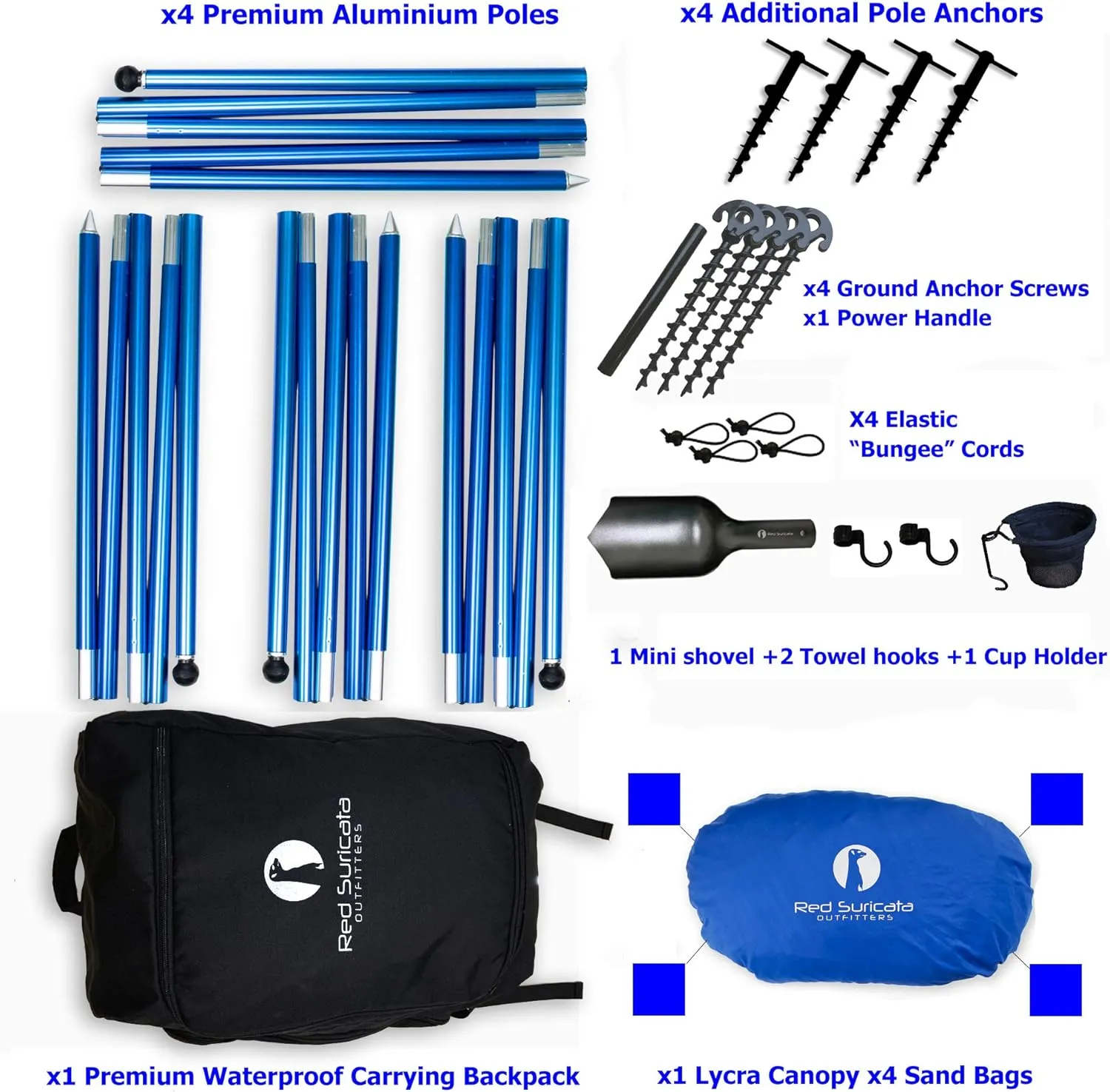 Red Suricata Premium Multi-Terrain Beach Tent & Beach Canopy in Backpack, UPF50 Sun Beach Shade, Pop Up Camping & Picnic Sunshade with 4 Poles, 4 Pole Anchors & 4 Tent Screws, Sun Shelter (Med Blue)