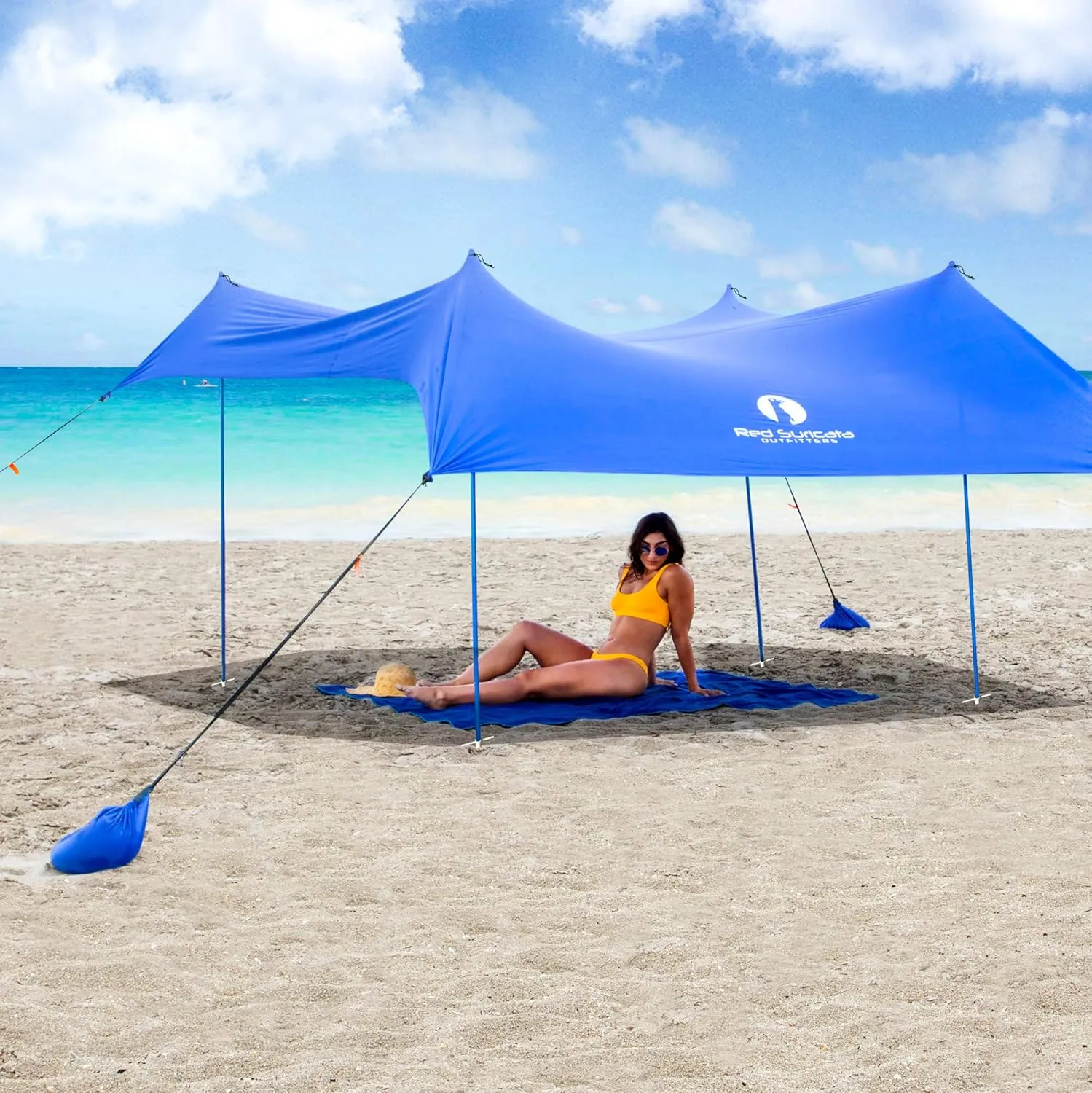 Red Suricata Premium Multi-Terrain Beach Tent & Beach Canopy in Backpack, UPF50 Sun Beach Shade, Pop Up Camping & Picnic Sunshade with 4 Poles, 4 Pole Anchors & 4 Tent Screws, Sun Shelter (Med Blue)