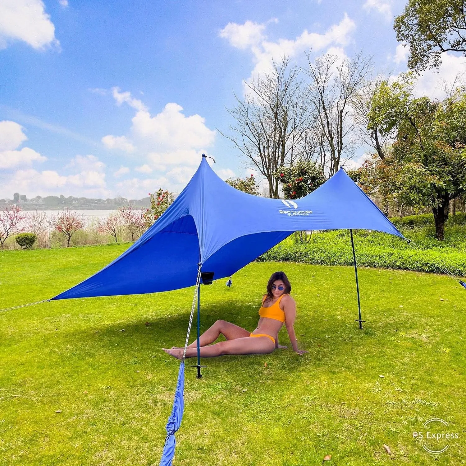 Red Suricata Premium Multi-Terrain Beach Tent & Beach Canopy in Backpack, UPF50 Sun Beach Shade, Pop Up Camping & Picnic Sunshade with 4 Poles, 4 Pole Anchors & 4 Tent Screws, Sun Shelter (Med Blue)