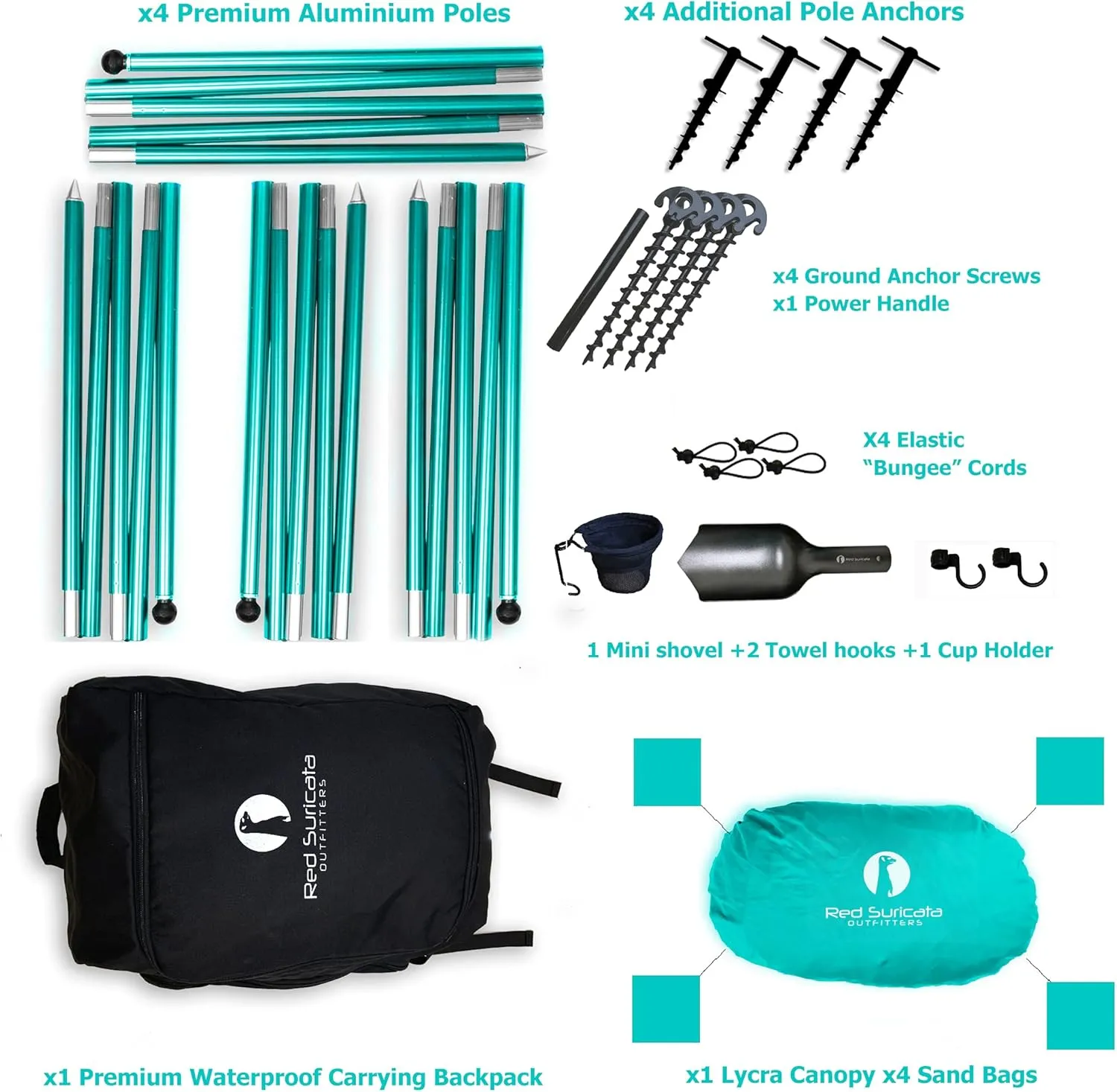 Red Suricata Premium Multi-Terrain Beach Tent & Beach Canopy in Backpack, UPF50 Sun Beach Shade, Pop Up Camping & Picnic Sunshade with 4 Poles, 4 Pole Anchors & 4 Tent Screws, Sun Shelter (Med Turq)