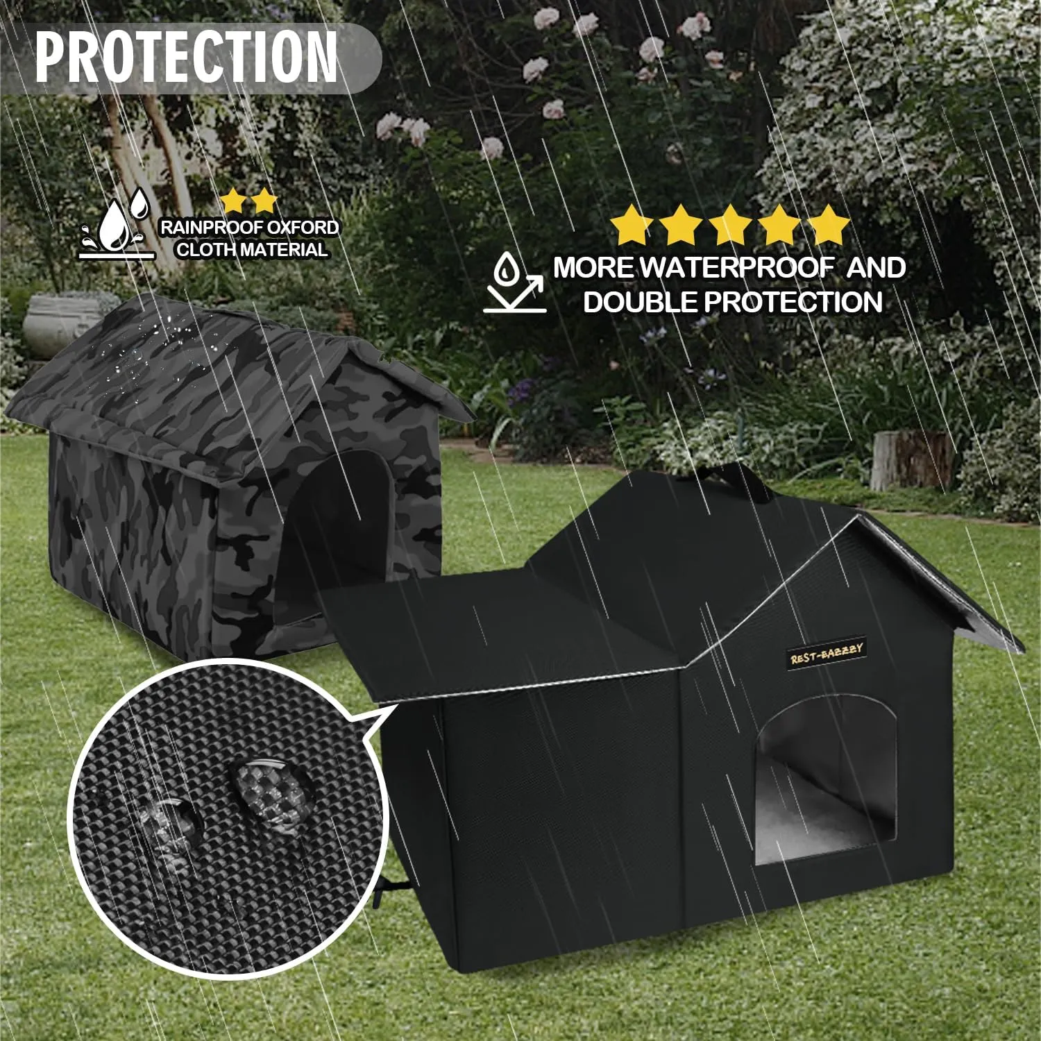 Rest-Eazzzy Cat House for Indoor and Outdoor in Summer,Feral Cat House Insulated with Mat,Clip and portable handle,Weatherproof and easy Installation,Bed for Kitten and Puppie,Never Blow Away(Black,M)