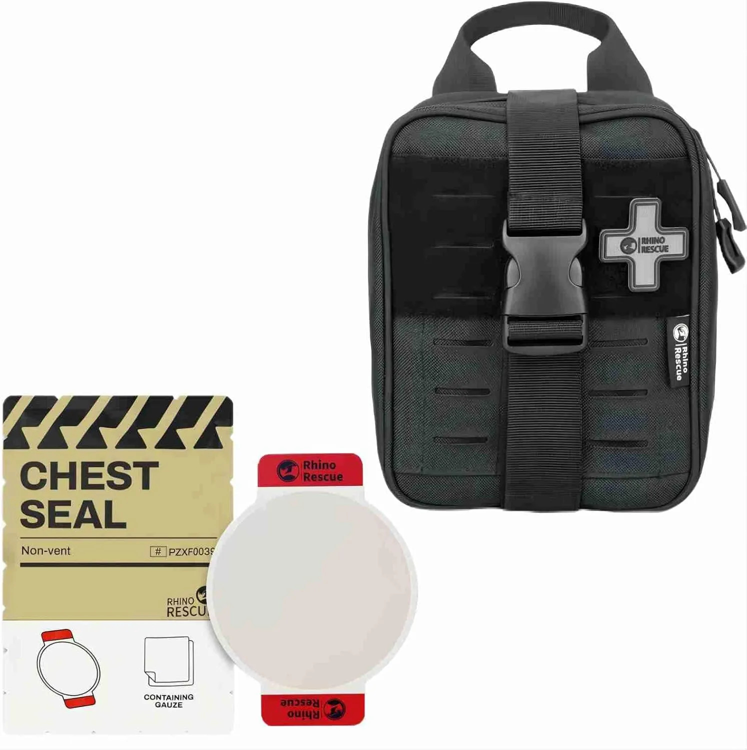 RHINO RESCUE Bundle- Non-Vented Chest Seal, IFAK Emergency Trauma Dressing IFAK Trauma Kit, Tactical First Aid Kit Molle Pouch for Military Black
