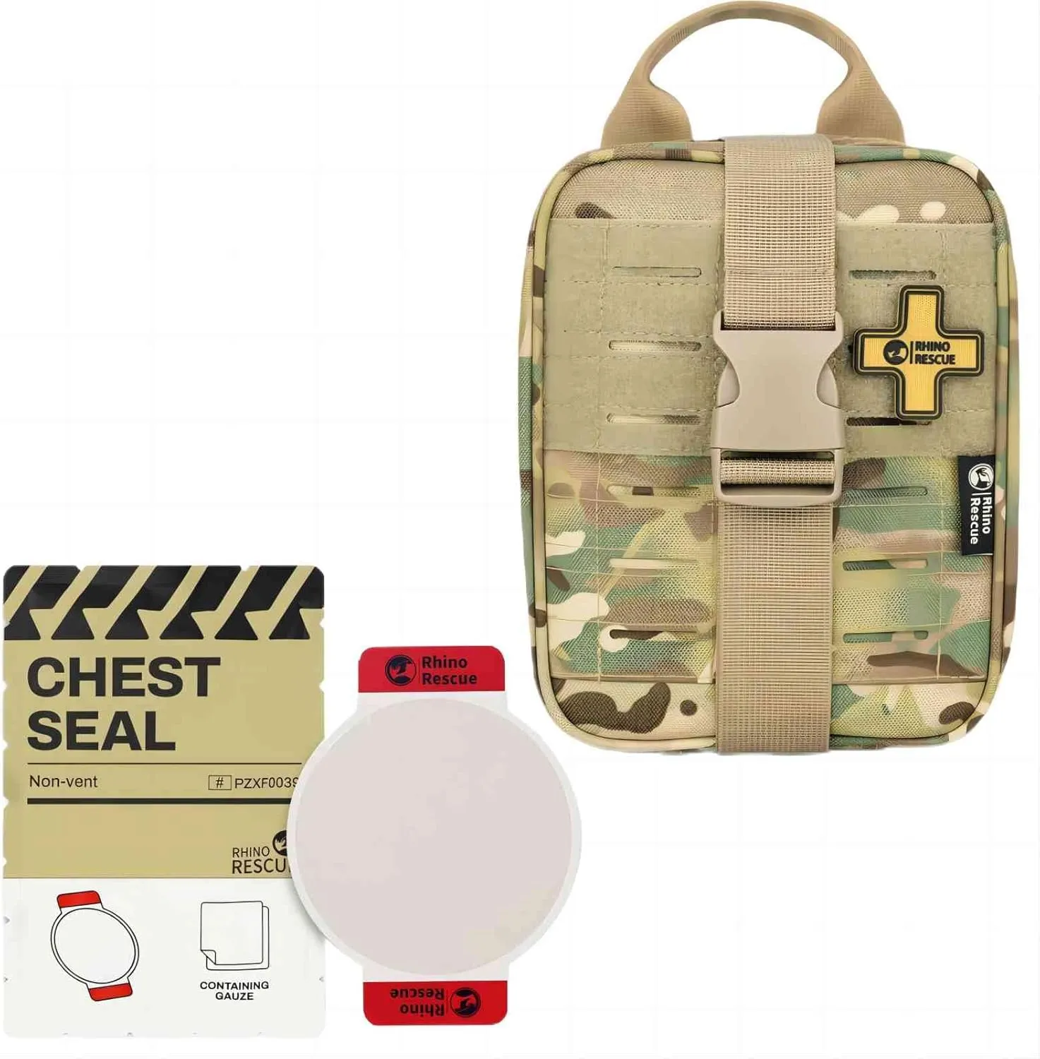 RHINO RESCUE Bundle- Non-Vented Chest Seal, IFAK Emergency Trauma Dressing IFAK Trauma Kit, Tactical First Aid Kit Molle Pouch for Military Camo
