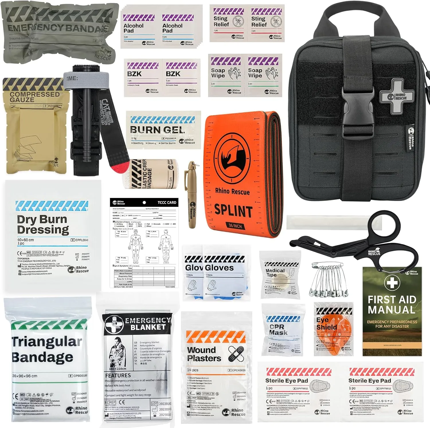 RHINO RESCUE IFAK Trauma Kit with C-A-T Tourniquet for Wound Care, Tactical First Aid Kit Molle Pouch for Military, Combat, Car, Camping, Hiking, Travel FSA HSA Eligible (Black)