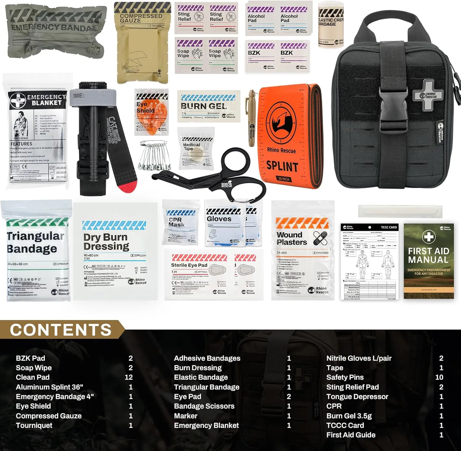 RHINO RESCUE IFAK Trauma Kit with C-A-T Tourniquet for Wound Care, Tactical First Aid Kit Molle Pouch for Military, Combat, Car, Camping, Hiking, Travel FSA HSA Eligible (Black)