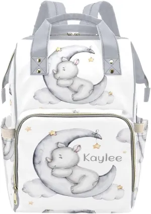 Rhinoceros Sleeping on the Moon Personalized Diaper Bag Backpack Custom Name Large Capacity Diaper Backpack Travel Daypack Nursing Nappy Bag Mommy Gift