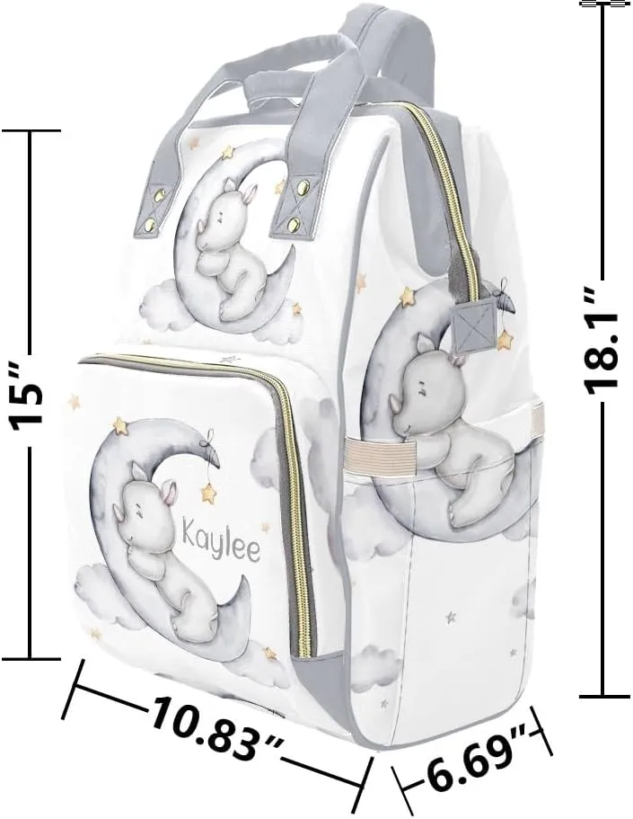 Rhinoceros Sleeping on the Moon Personalized Diaper Bag Backpack Custom Name Large Capacity Diaper Backpack Travel Daypack Nursing Nappy Bag Mommy Gift