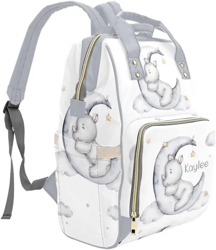 Rhinoceros Sleeping on the Moon Personalized Diaper Bag Backpack Custom Name Large Capacity Diaper Backpack Travel Daypack Nursing Nappy Bag Mommy Gift