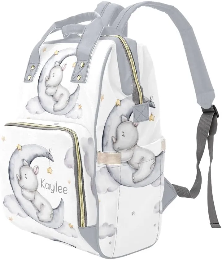 Rhinoceros Sleeping on the Moon Personalized Diaper Bag Backpack Custom Name Large Capacity Diaper Backpack Travel Daypack Nursing Nappy Bag Mommy Gift