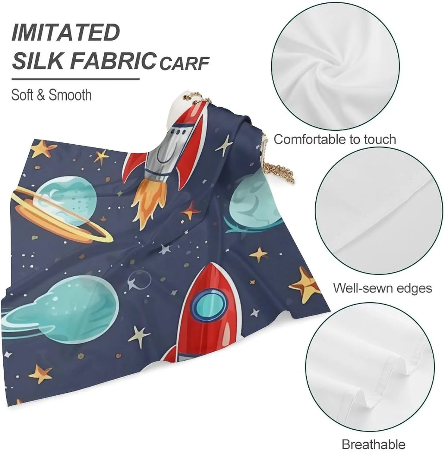 Rocket Clipart Space Ship Square Scarf for Women, Silk Like Head Scarf Fashion Accessory, Lightweight Neckerchief