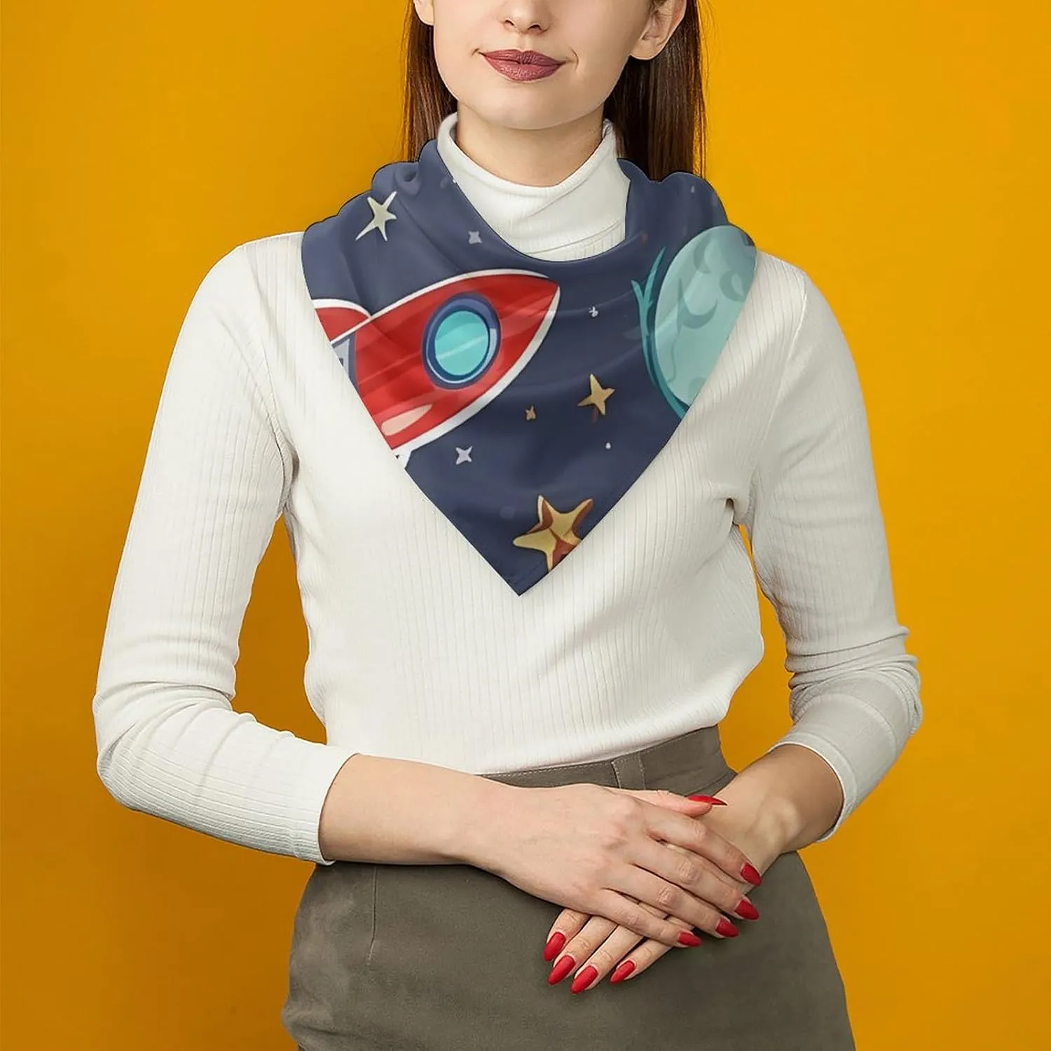 Rocket Clipart Space Ship Square Scarf for Women, Silk Like Head Scarf Fashion Accessory, Lightweight Neckerchief