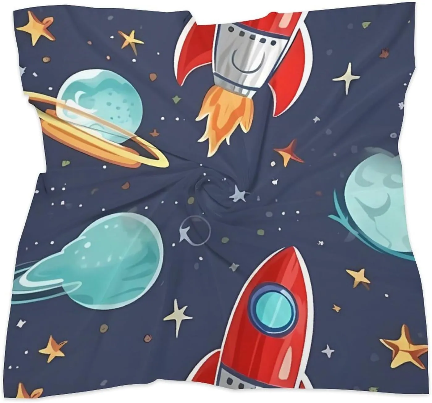 Rocket Clipart Space Ship Square Scarf for Women, Silk Like Head Scarf Fashion Accessory, Lightweight Neckerchief