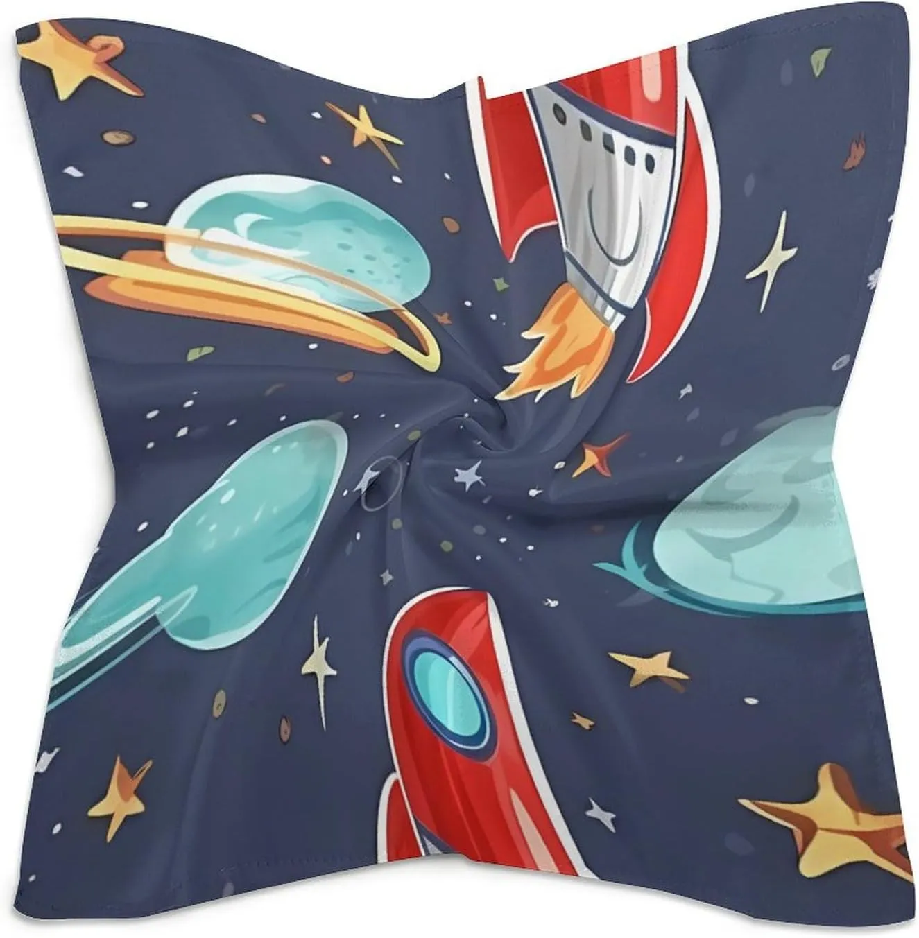 Rocket Clipart Space Ship Square Scarf for Women, Silk Like Head Scarf Fashion Accessory, Lightweight Neckerchief