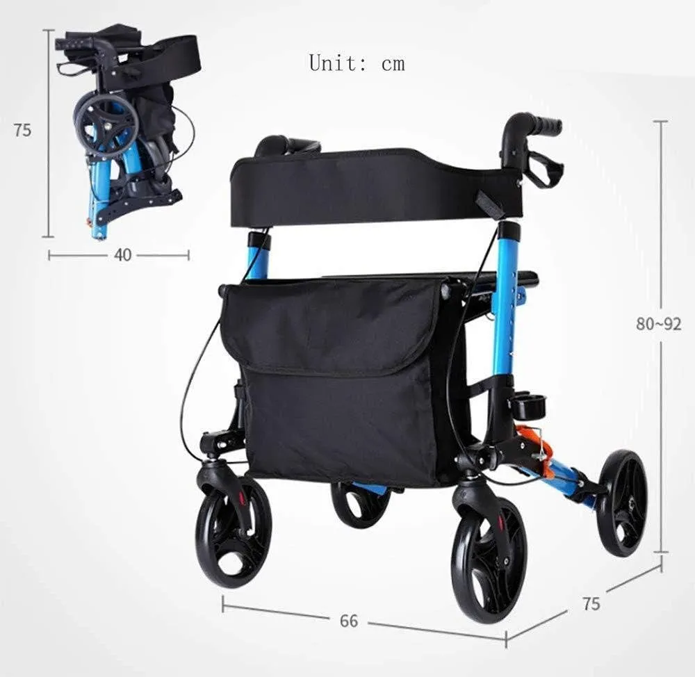 Rollator Walker Walking Frame Aid Lightweight Mobility Foldable with Seat and Bag 4 Wheels for Elderly
