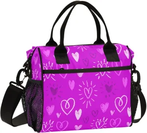 Romantic Violet Chalk Hearts Insulated Lunch Bag for Women Men Reusable Lunch Tote Bag Cooler Bag Leakproof Lunch Box with Adjustable Shoulder Strap for Work Picnic Camping,M, Medium