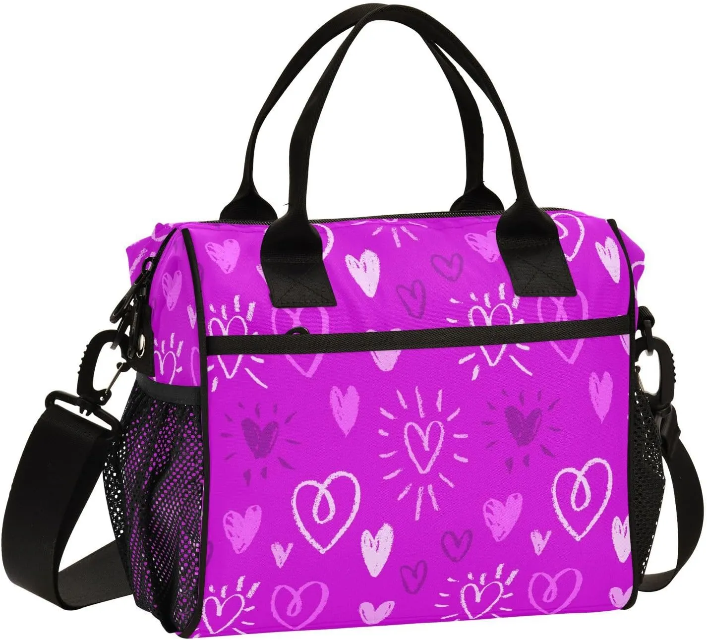 Romantic Violet Chalk Hearts Insulated Lunch Bag for Women Men Reusable Lunch Tote Bag Cooler Bag Leakproof Lunch Box with Adjustable Shoulder Strap for Work Picnic Camping,M, Medium