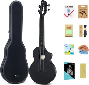 Rosen Concert Ukulele Nova 23 inch Carbon Fiber Travel Ukelele for Adult Kids Beginners Kit Includes Book, case, Strap, Capo, Pick, Strings and Cleaning Cloth, Black