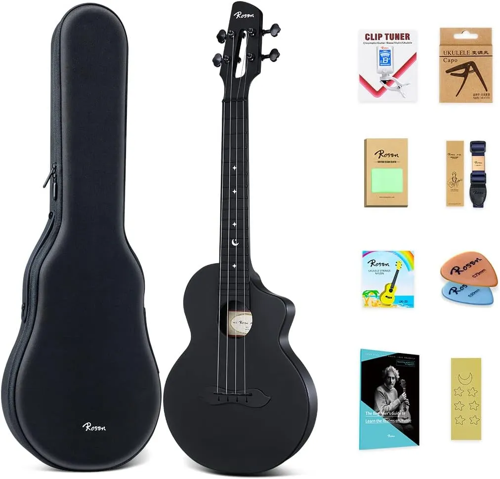Rosen Concert Ukulele Nova 23 inch Carbon Fiber Travel Ukelele for Adult Kids Beginners Kit Includes Book, case, Strap, Capo, Pick, Strings and Cleaning Cloth, Black