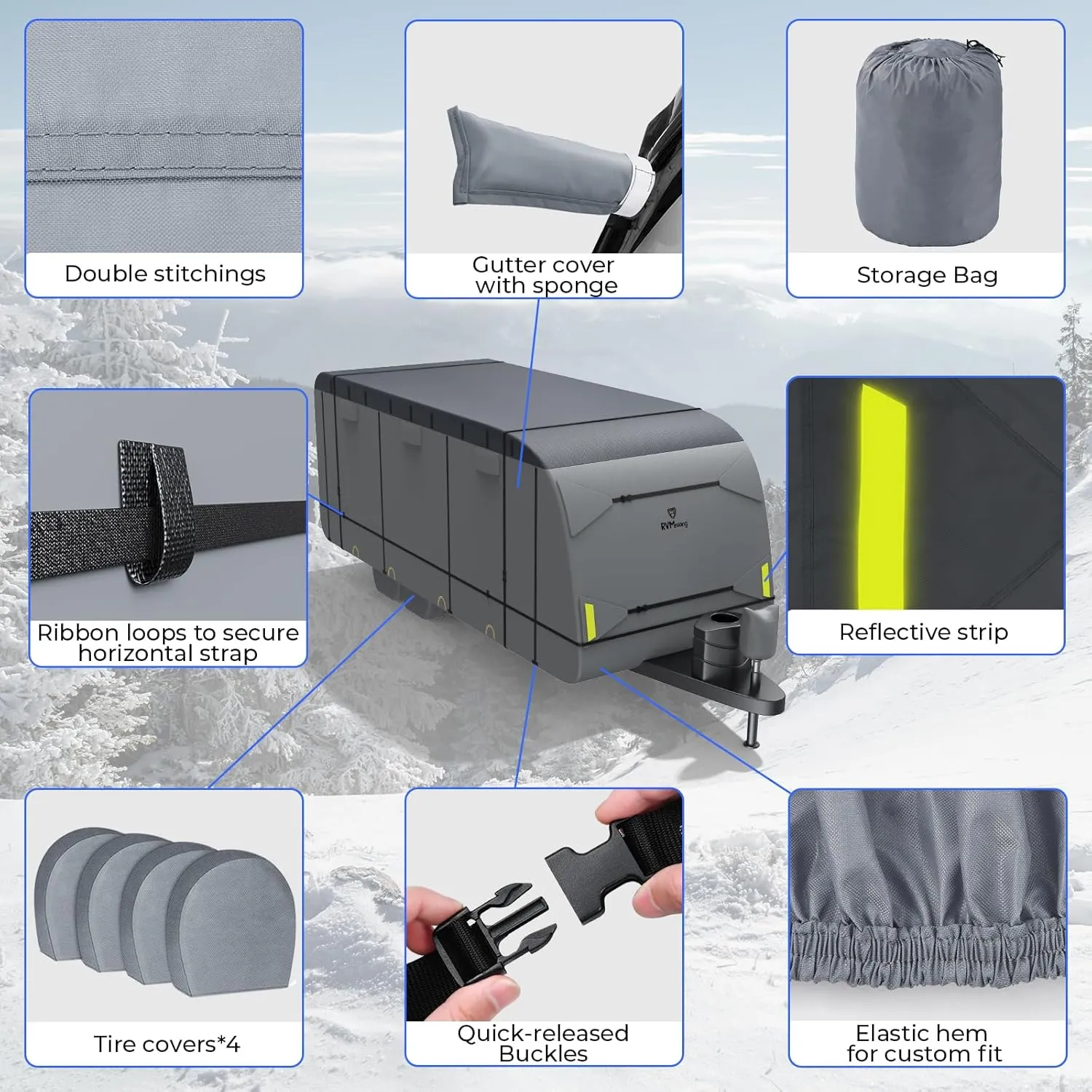 RVMasking Waterproof RV Cover, True 600D Top Travel Trailer Cover for 26'1"-28'6", Rip-Stop Windproof with 4 Tire Cover & Tongue Jack Cover, Neutral Gray