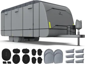 RVMasking Waterproof RV Cover, True 600D Top Travel Trailer Cover for 26'1"-28'6", Rip-Stop Windproof with 4 Tire Cover & Tongue Jack Cover, Neutral Gray