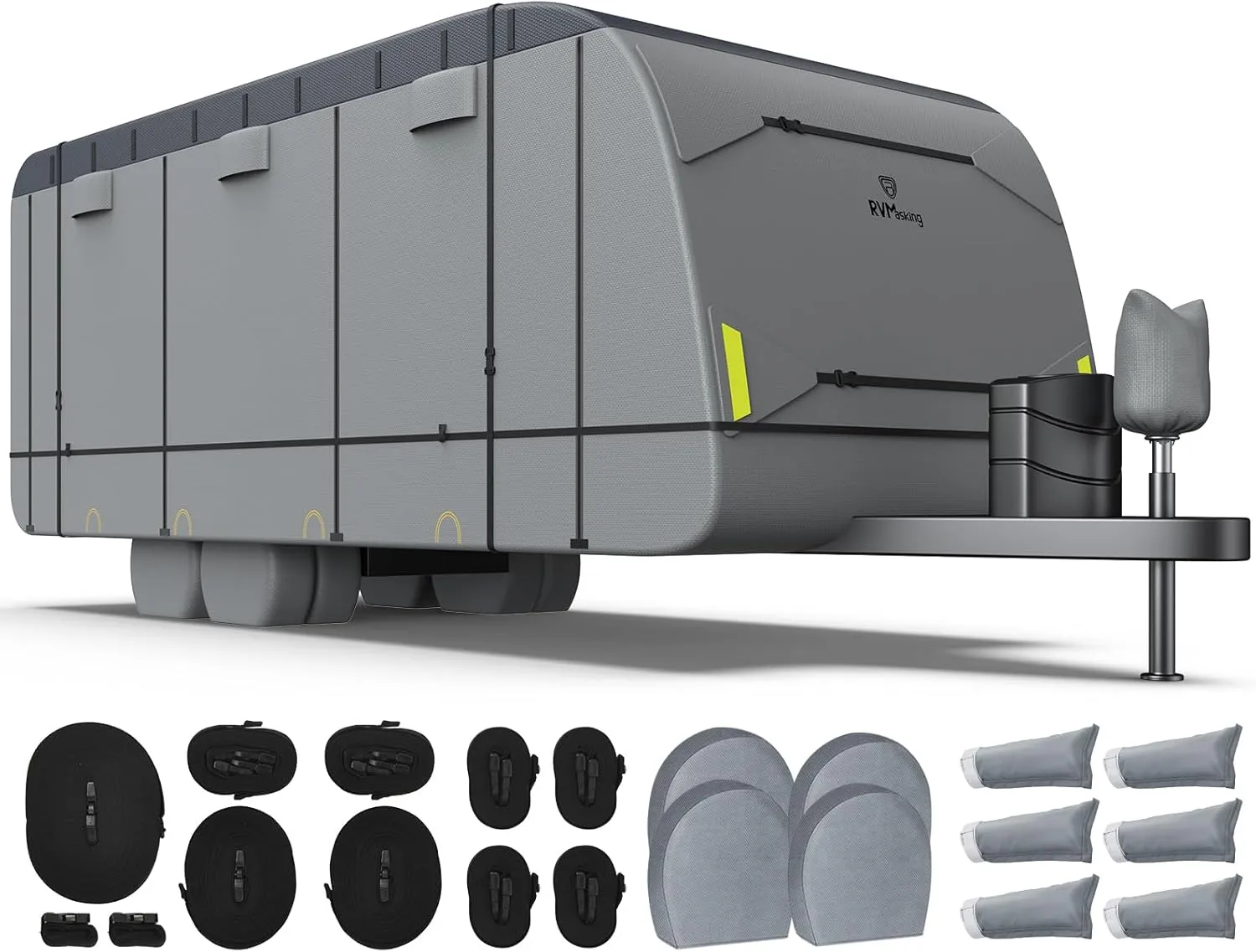 RVMasking Waterproof RV Cover, True 600D Top Travel Trailer Cover for 26'1"-28'6", Rip-Stop Windproof with 4 Tire Cover & Tongue Jack Cover, Neutral Gray