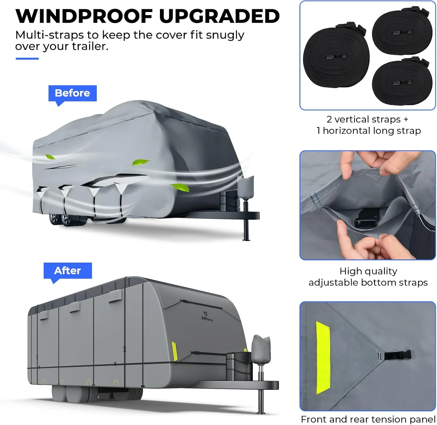 RVMasking Waterproof RV Cover, True 600D Top Travel Trailer Cover for 26'1"-28'6", Rip-Stop Windproof with 4 Tire Cover & Tongue Jack Cover, Neutral Gray