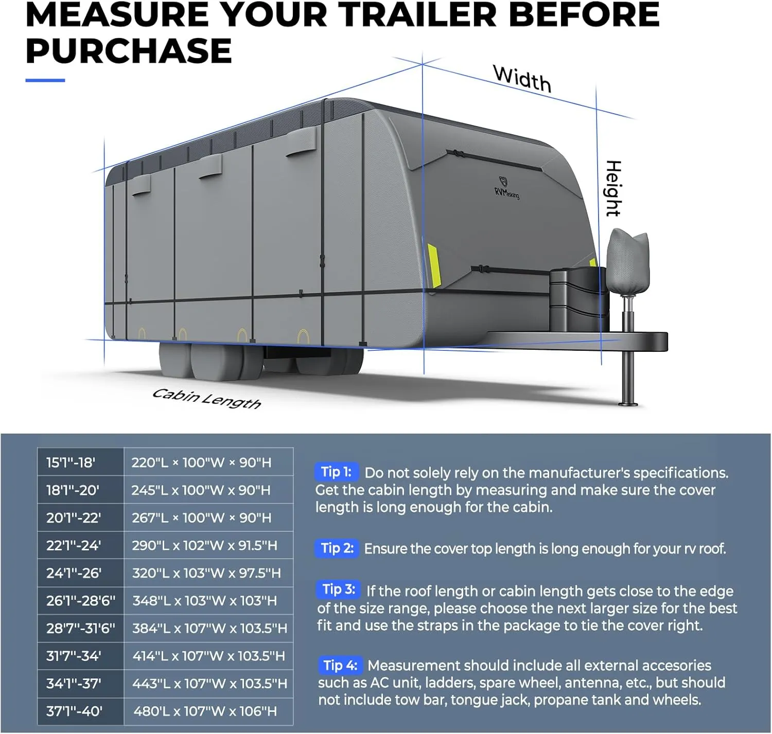RVMasking Waterproof RV Cover, True 600D Top Travel Trailer Cover for 26'1"-28'6", Rip-Stop Windproof with 4 Tire Cover & Tongue Jack Cover, Neutral Gray
