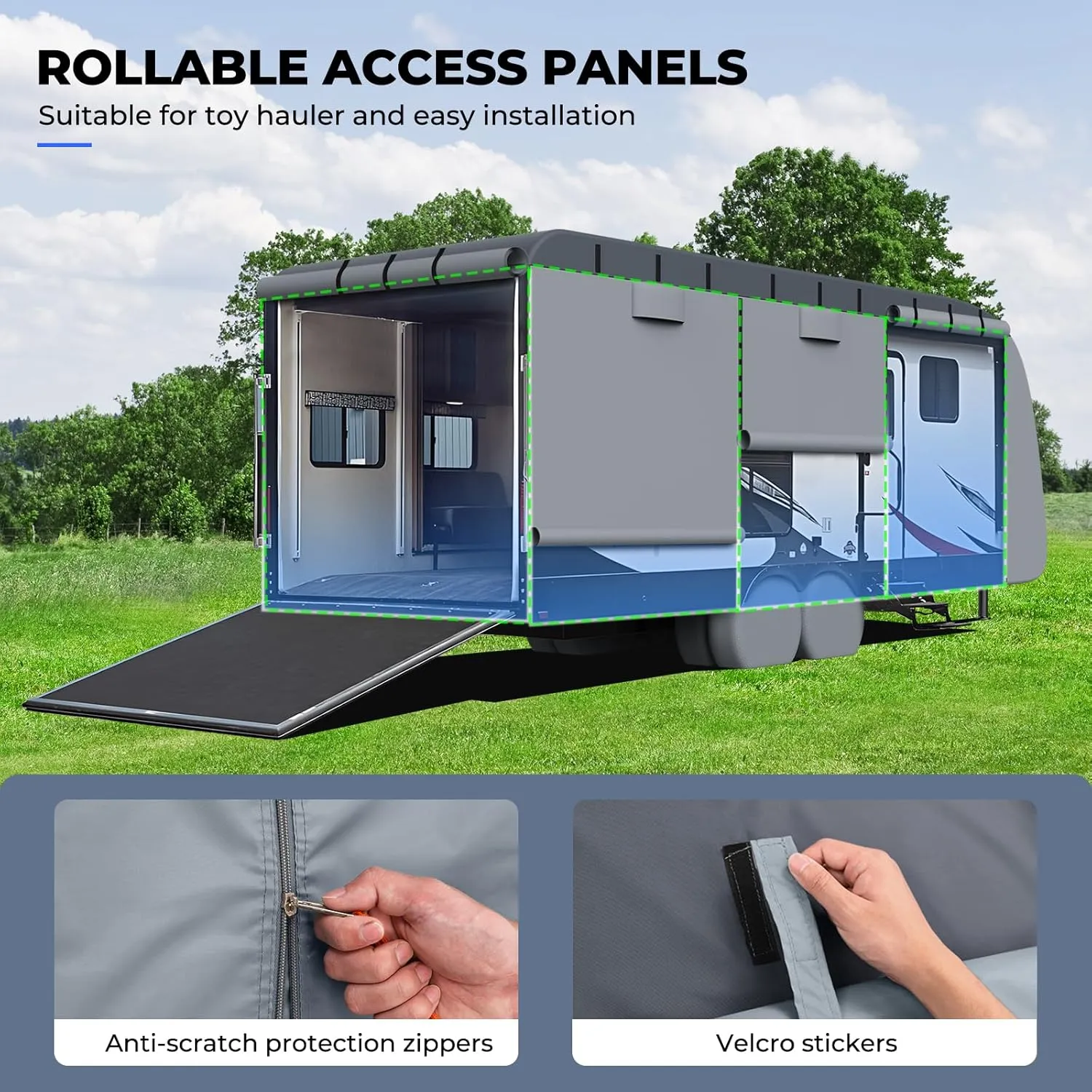 RVMasking Waterproof RV Cover, True 600D Top Travel Trailer Cover for 26'1"-28'6", Rip-Stop Windproof with 4 Tire Cover & Tongue Jack Cover, Neutral Gray
