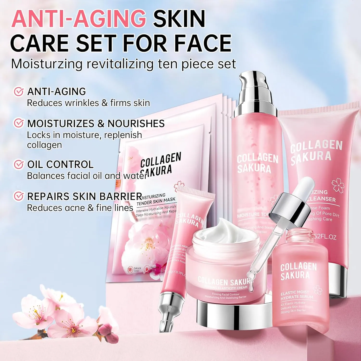 Sakura Skin Care Set for Teen Girls, 10-In-1 Travel Skin Care Kits with Collagen, Hydrates & Soothes, Cherry Blossom Skincare Gift Set for Teens & Women, Moisturize & Repair Skin, Daily Skin Care
