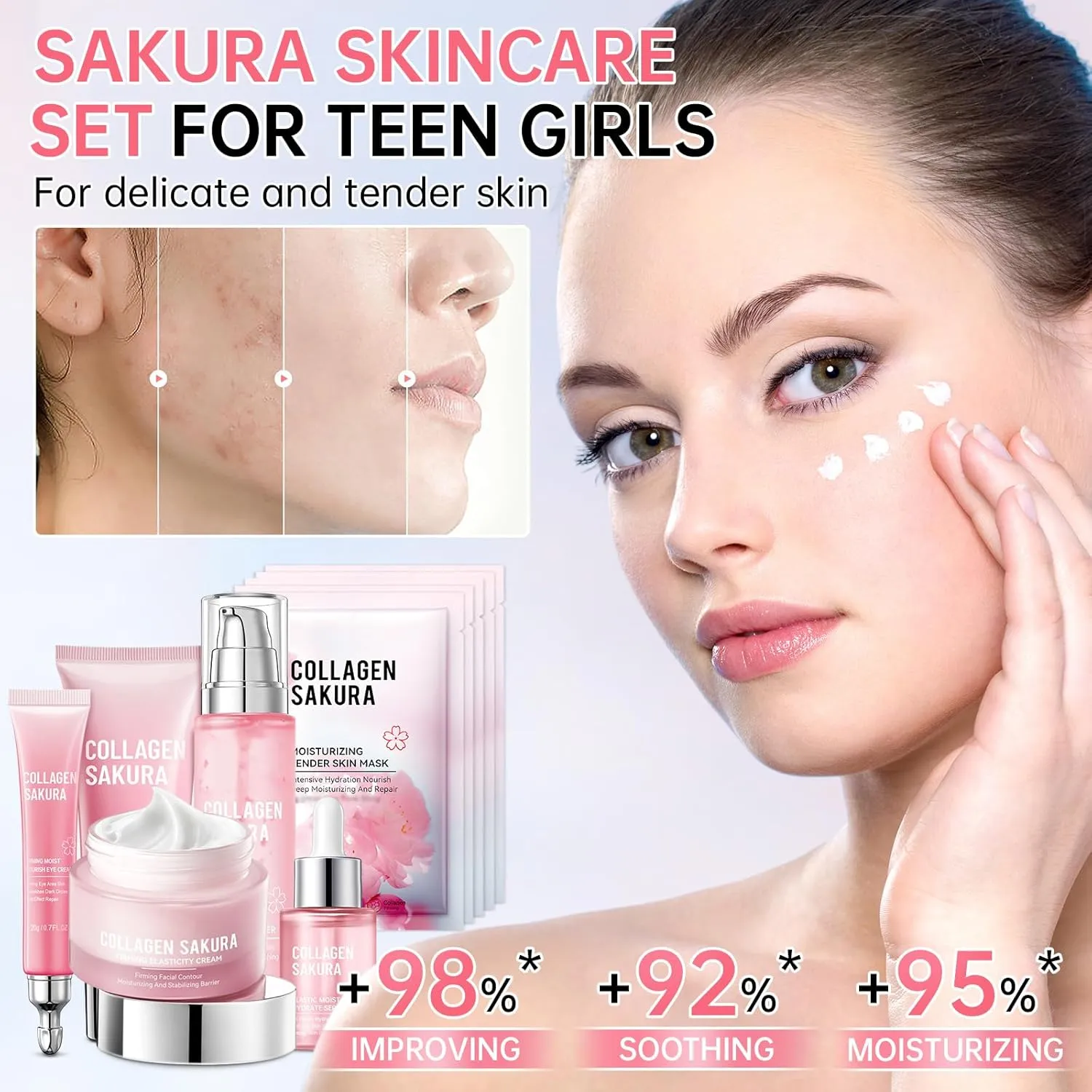 Sakura Skin Care Set for Teen Girls, 10-In-1 Travel Skin Care Kits with Collagen, Hydrates & Soothes, Cherry Blossom Skincare Gift Set for Teens & Women, Moisturize & Repair Skin, Daily Skin Care