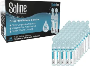 Saline Ampoules - Saline Solution for Nebulizer, Sodium Chloride 0.9% for Nose & Eyes, Nasal Cleanse for Babies, Kids, & Adults, Sterile Nasal Care, Wound Cleansing - 50 Count (5ml Each)
