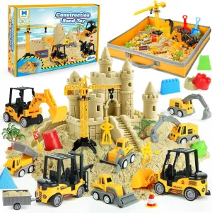 Sand Construction Site Kit - 37 Pcs Play Sand Art Kit with 8 Construction Trucks, Folding Sandbox, 2.2 lbs Magic Sand, Crane, Worker, Road Signs, Molds, Shovel - Ideal Toys for Boys Girls Age 3 