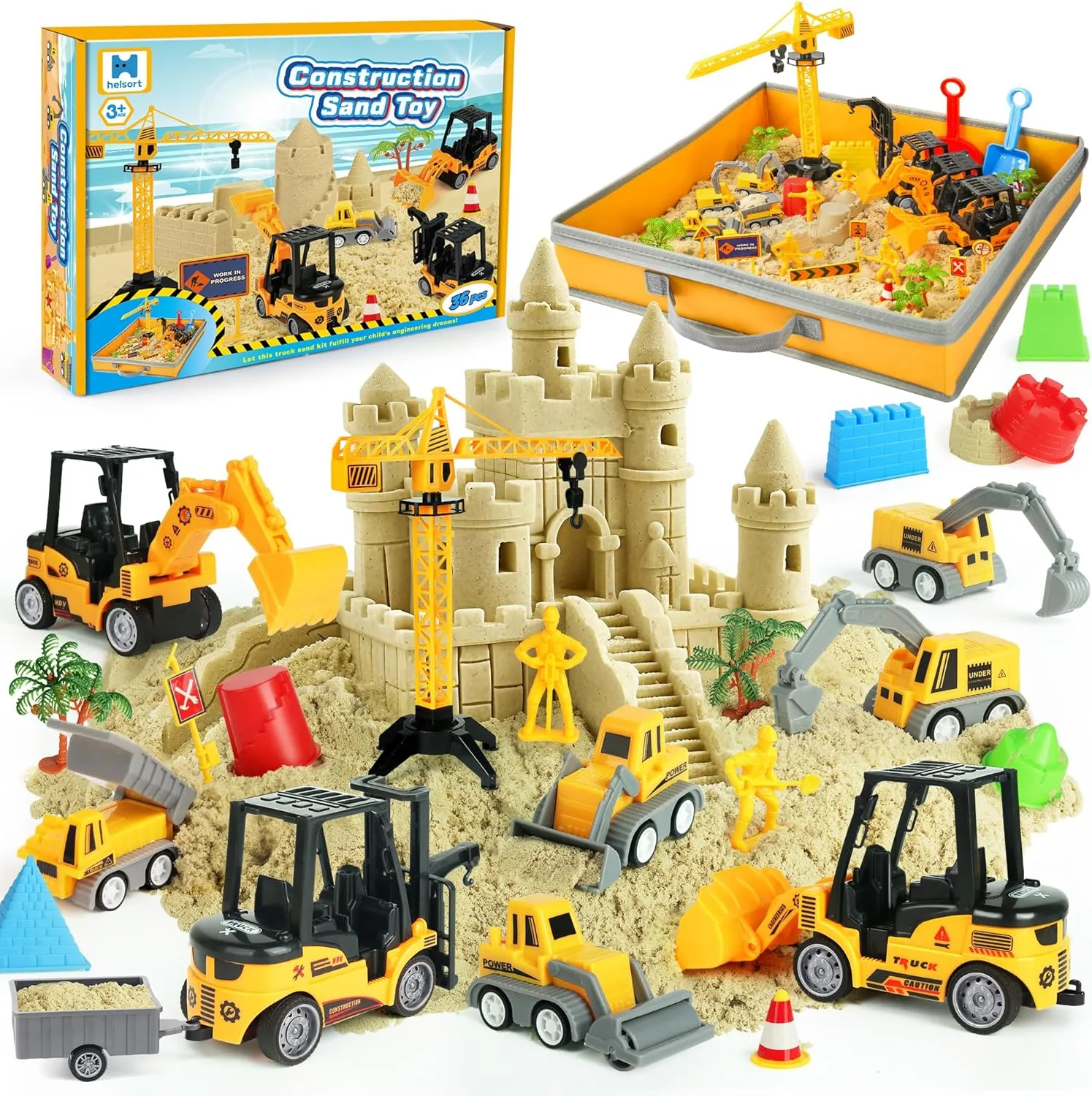 Sand Construction Site Kit - 37 Pcs Play Sand Art Kit with 8 Construction Trucks, Folding Sandbox, 2.2 lbs Magic Sand, Crane, Worker, Road Signs, Molds, Shovel - Ideal Toys for Boys Girls Age 3 