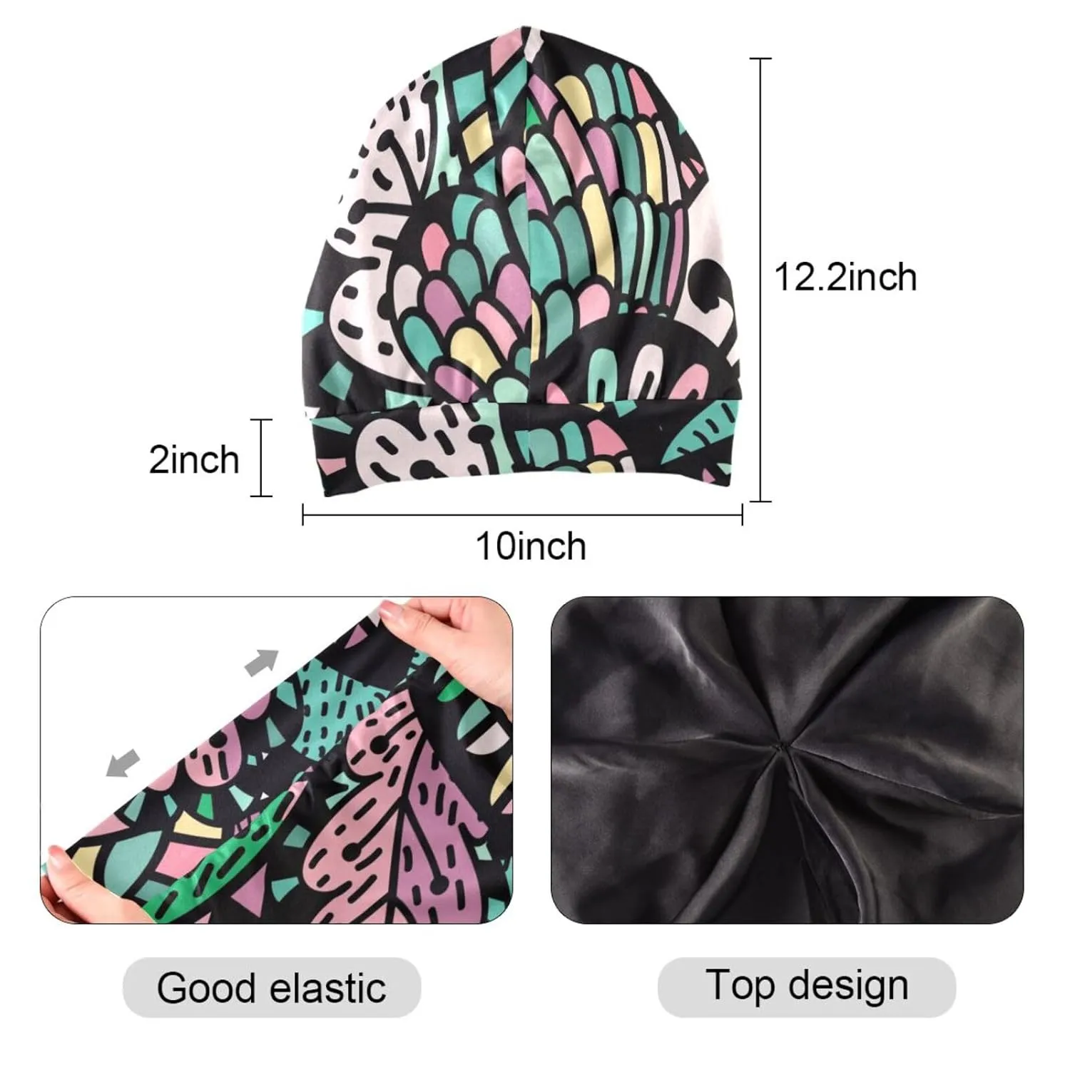 Satin Bonnet Wrap for Sleeping - Lined Sleep Cap for Curly Hair Women & Men - Abstract Black