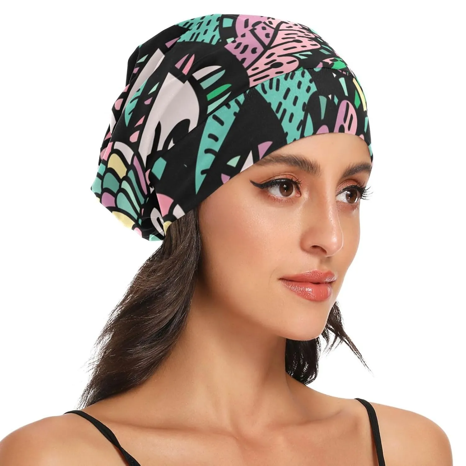 Satin Bonnet Wrap for Sleeping - Lined Sleep Cap for Curly Hair Women & Men - Abstract Black