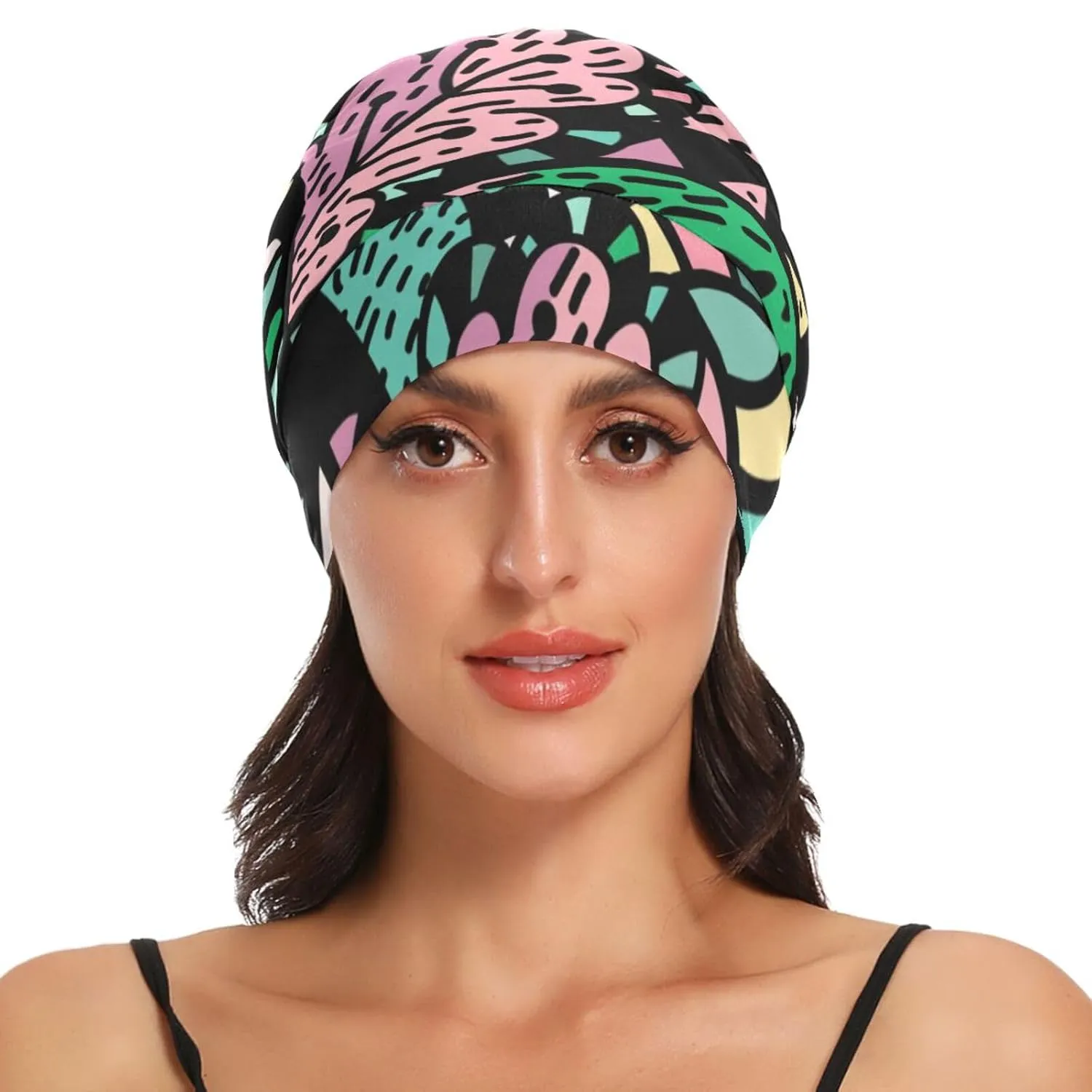 Satin Bonnet Wrap for Sleeping - Lined Sleep Cap for Curly Hair Women & Men - Abstract Black