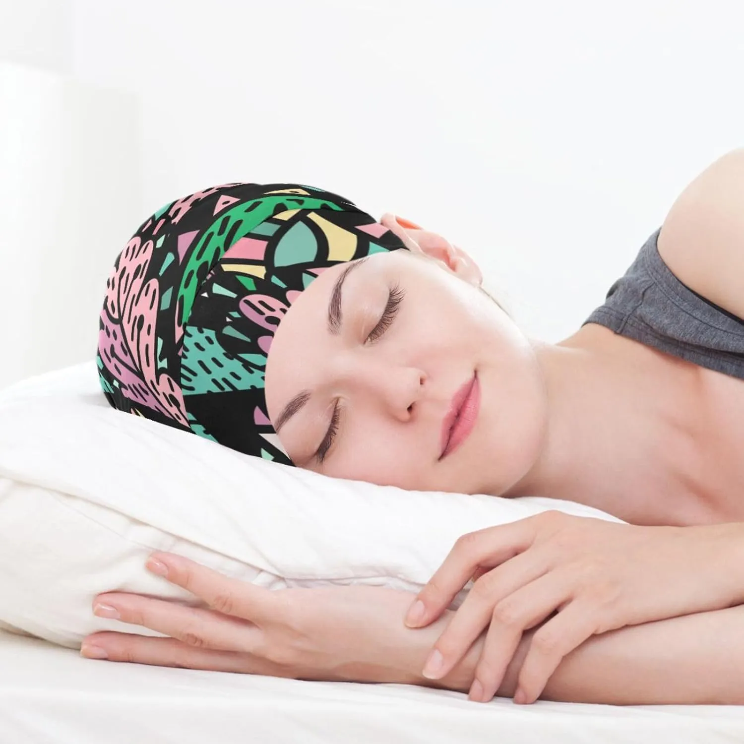 Satin Bonnet Wrap for Sleeping - Lined Sleep Cap for Curly Hair Women & Men - Abstract Black