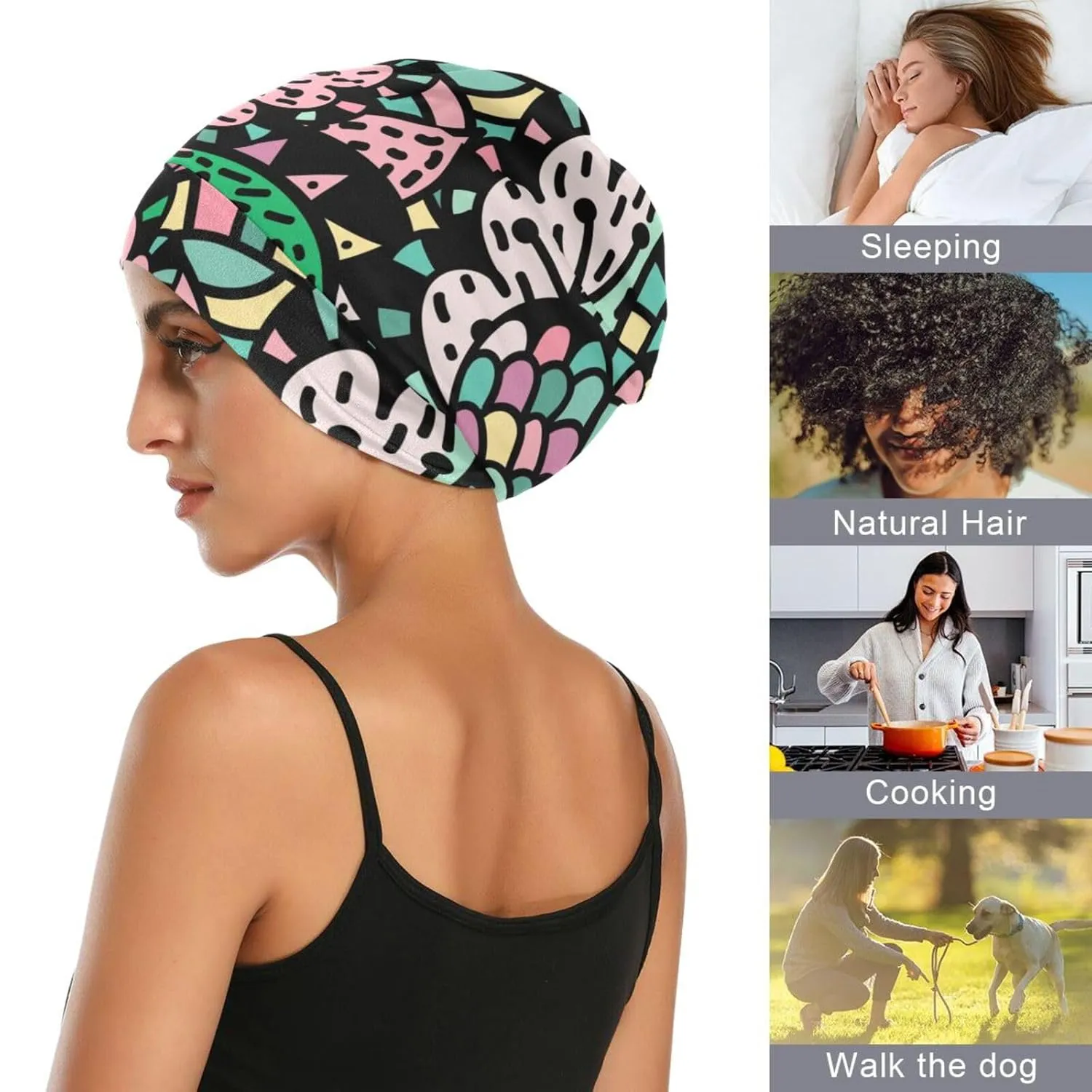 Satin Bonnet Wrap for Sleeping - Lined Sleep Cap for Curly Hair Women & Men - Abstract Black