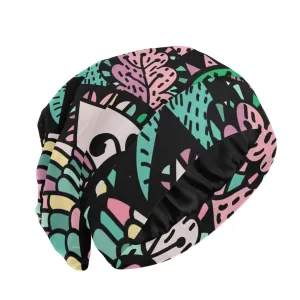 Satin Bonnet Wrap for Sleeping - Lined Sleep Cap for Curly Hair Women & Men - Abstract Black