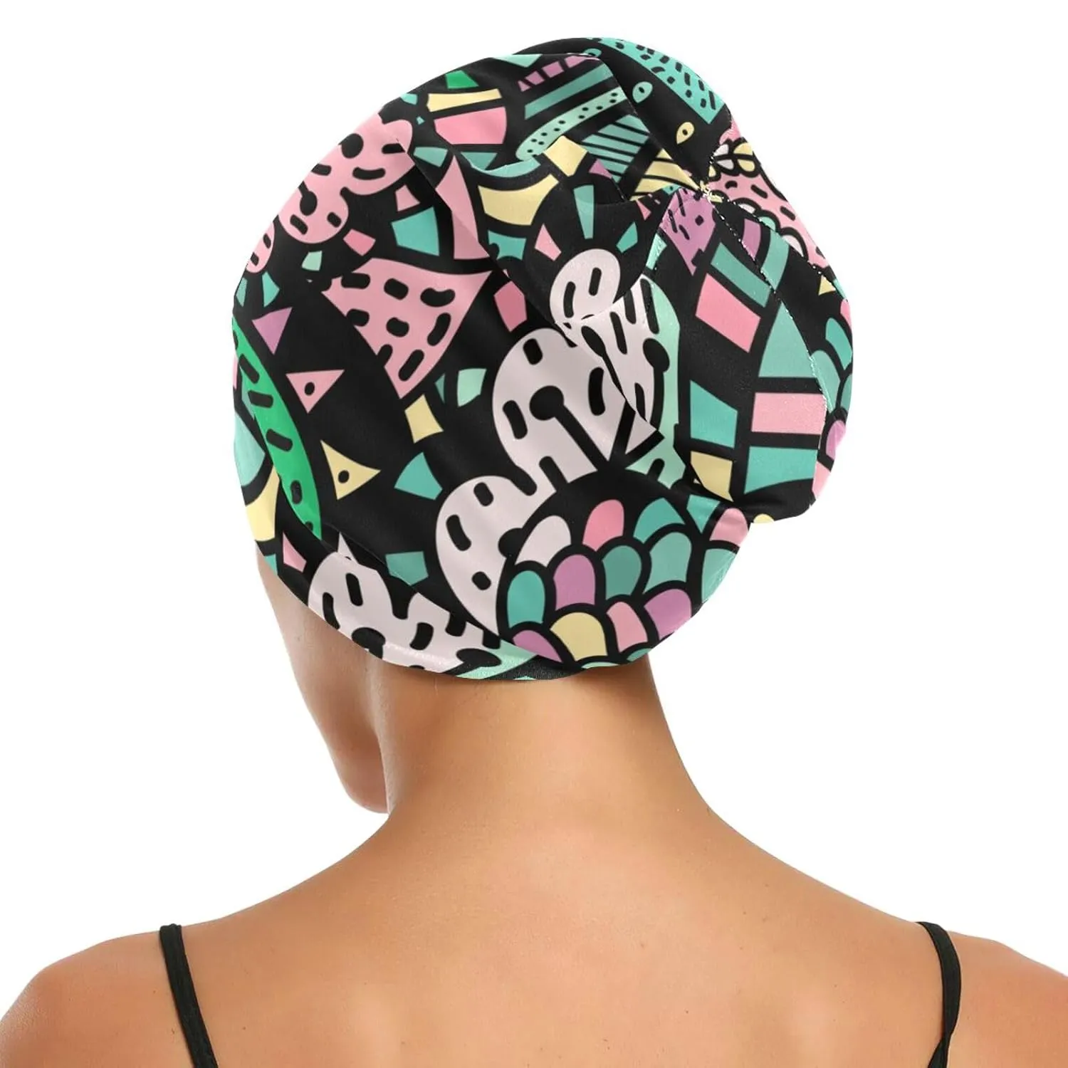 Satin Bonnet Wrap for Sleeping - Lined Sleep Cap for Curly Hair Women & Men - Abstract Black