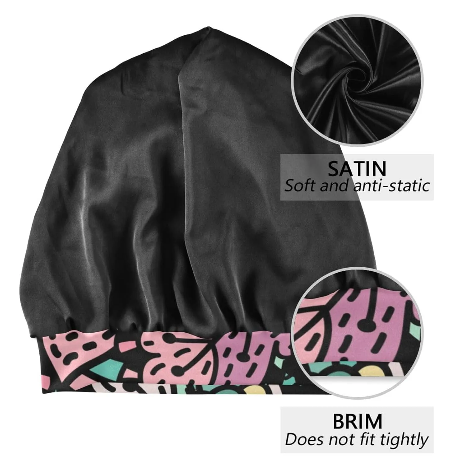 Satin Bonnet Wrap for Sleeping - Lined Sleep Cap for Curly Hair Women & Men - Abstract Black