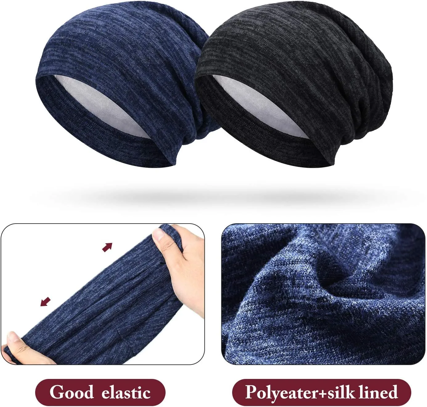 SATINIOR 6 Pieces Satin Lined Sleep Cap Slouchy Skull Beanie Hat Night Hair Cap Headwear Head Wrap for Curly Hair Women Girl