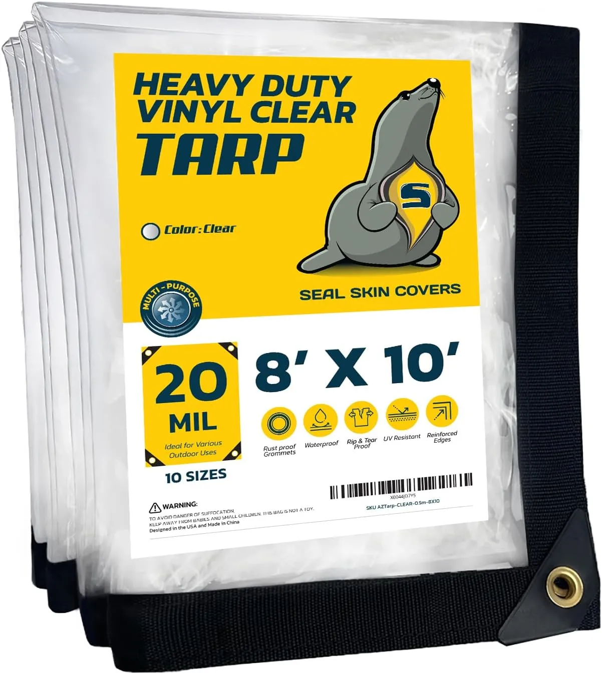 Seal Skin Covers Waterproof Clear Tarp 8x10 FT, 20 Mil 18 OZ 560 GSM Heavy Duty Transparent Vinyl Tarpaulin with Grommets
